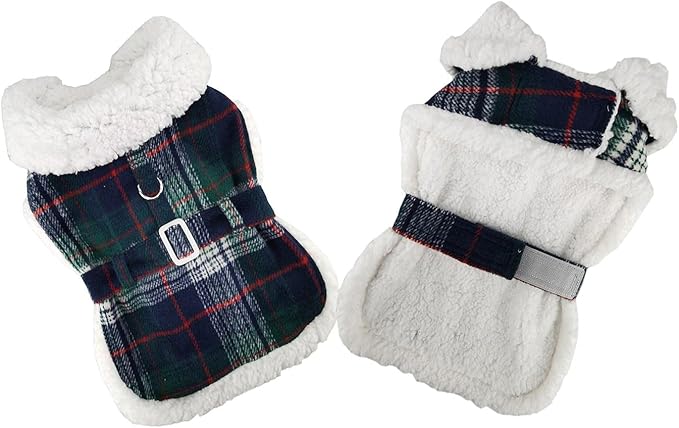 Sherpa-Lined Dog Harness Coat (Small, Blue & Green Plaid)