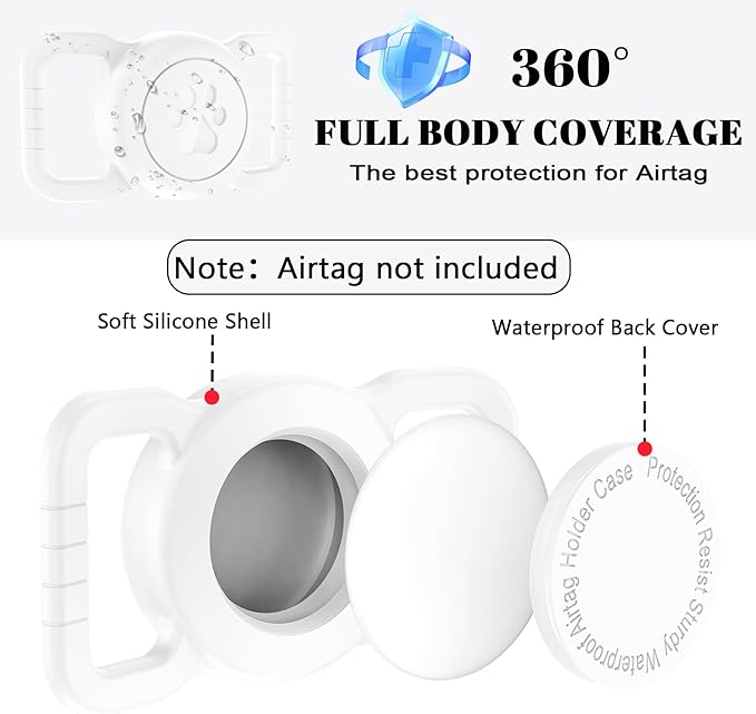 SANKALA Airtag Dog Collar Holder, [1 Pack] Waterproof Dog Airtag Holder, Silicone Full Body Covered Anti-Lost Protective Apple Air Tag Holder for Pet Collar - Fits All Width Collars, White
