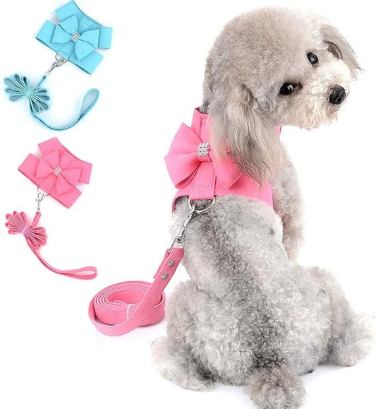 SELMAI Small Pet Dog Cat Bling Rhinestone Harness and Leash Set Bow Girls Soft Ultra Suede Leather, Adjustable/No Pull