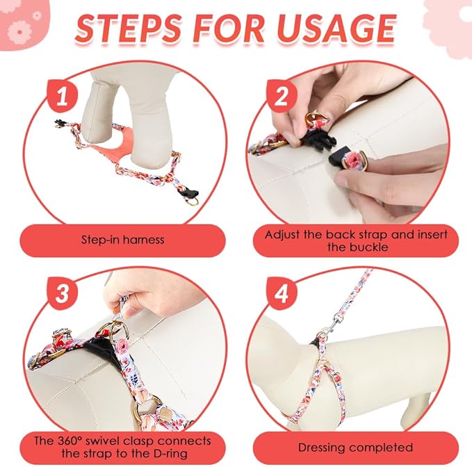 SlowTon No Pull Dog Harness with Leash - Soft Lightweight Floral Pattern Puppy Harness, Adjustable Pet Harness for Small Medium Dogs (Flower XS)