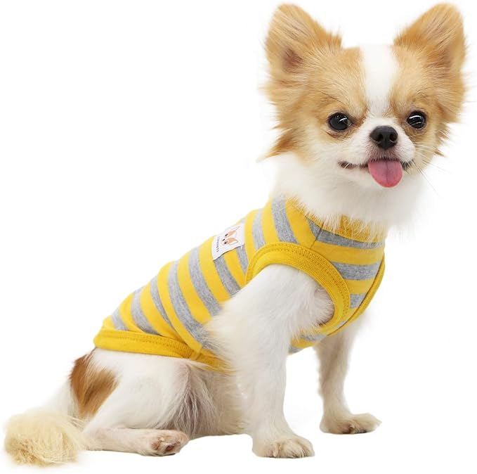 LOPHIPETS 100% Cotton Striped Dog Shirts for Small Dogs Chihuahua Puppy Clothes Tank Vest-Yellow and Gray Strips/S