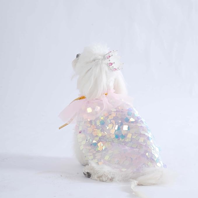 FLAdorepet Dog Princess Dress Costume with Rhinestones Crown,Pet Cat Cape Cloak Birthday Party Wedding Dress Up Outfits,Rainbow Mermaid Halloween Costume Clothes,Small