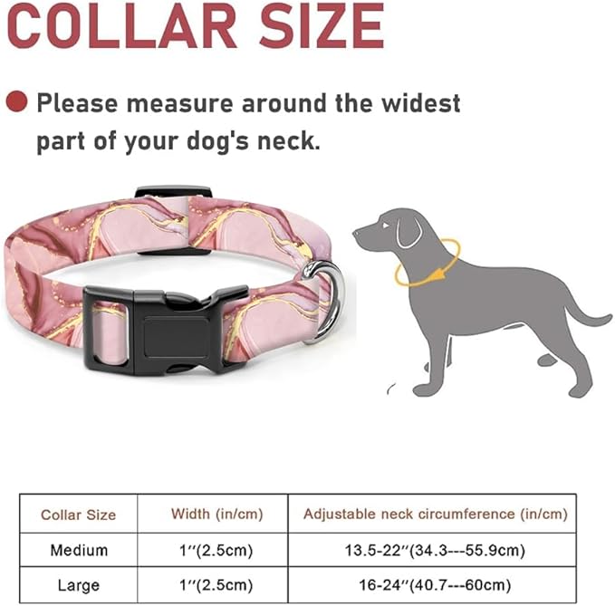 Dog Collar, Cute Dog Collar for Small Medium Large Dogs, Personalized Adjustable Soft Pet Collars with Quick Release Buckle for Walking Running, Pink Gold Marble