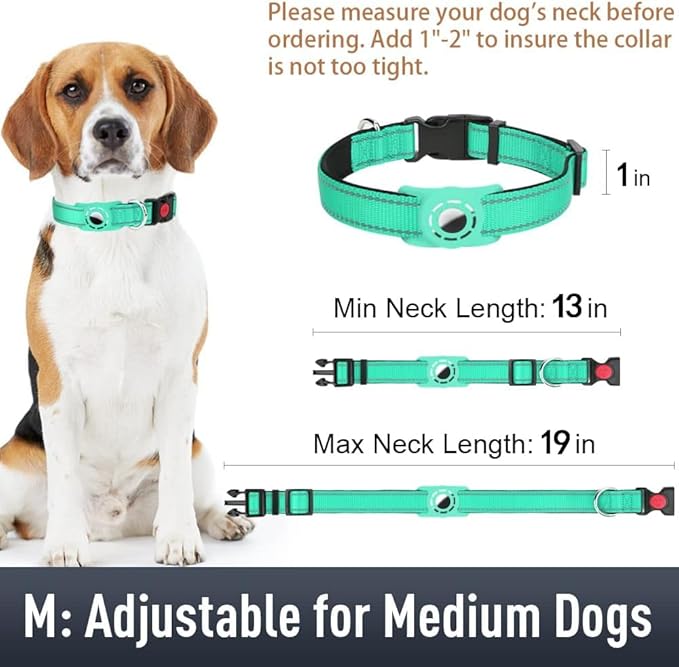 Airtag Dog Collar with AirTag Holder for Medium Dogs, Reflective, Soft Padded & Safety Locking Buckle, Nylon Pet Collars Adjustable for All Breeds, Teal,M