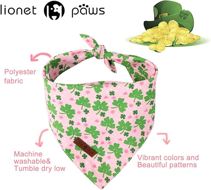 Lionet Paws St. Patrick 2pcs Dog Bandanas, Green Clover Dog Scarf Bib Premium Fabric, Happy St. Patrick Pink Bandanas for Medium Large Dogs Pets