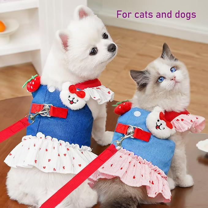 ANIAC Denim Dog Dress Harness with Leash Set Cute Small Dogs Clothes Girl Heart Patterns Puppy Dresses Breathable Mesh Cat Harness Leash Strawberry Chihuahua Yorkie Outfit (Pink Heart, XX-Large)