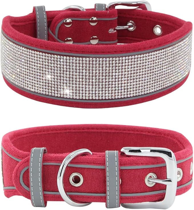 Bling Diamond Dog Collar for Females Girls,Soft Velvet Leather with Fancy Sparkly Crystal Rhinestones,Reflective Stripe,Suit Medium Large Dogs (Red, L)