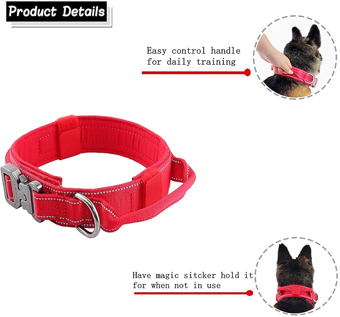 Tactical Dog Collar with Heavy Duty Metal Buckle and Control Handle for Medium Large Dogs Training(Red, X-Large)