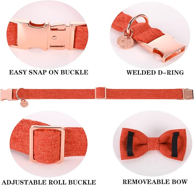 DOGWONG Hemp Cotton Dog Collar with Bow Orange Pet Collar Durable Adjustable Puppy Collar for Small Medium Large Dogs