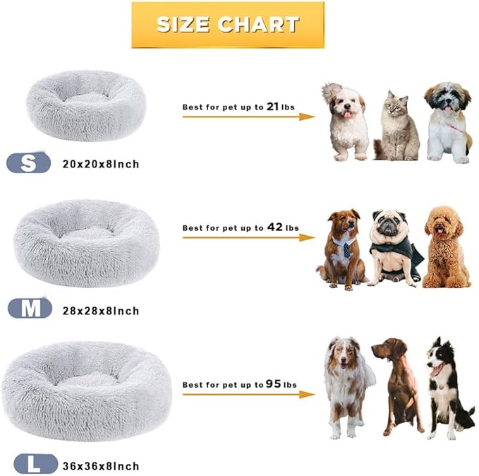 Dog Calming Beds for Small Medium Large Dogs - Round Donut Washable Dog Bed, Anti-Slip Faux Fur Fluffy Donut Cuddler Anxiety Cat Bed(36" Light Gray)