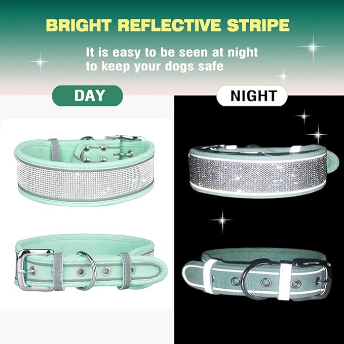 Bling Rhinestone Dog Collar Soft Comfortable Stylish Dog Collar with Bright Reflective Stripe Premium Adjustable Diamond Crystal Pet Collar for Small Medium and Large Dogs (L, Green)