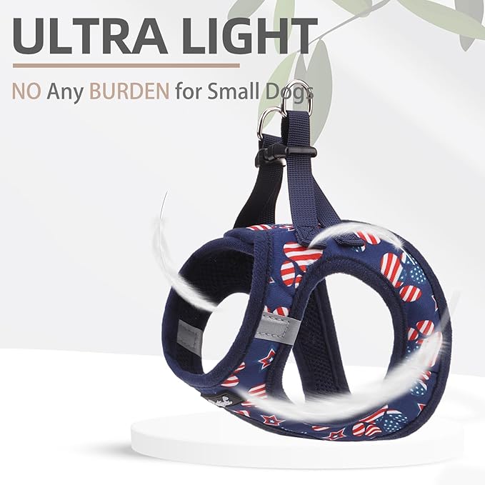 PUPTECK Dog Harness and Leash Set for Small Medium Dogs No Pull Step-in Soft Mesh Puppy Cat Vest Harnesses Reflective at Night, Stars and Strips, Blue, S