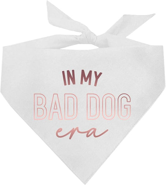 in My Bad Dog Era Metallic Printed Dog Bandana | 100% Cotton Adjustable Triangle | Trendy Pet Accessory | Bold Pups | Funny |White, Rose Foil (1326)