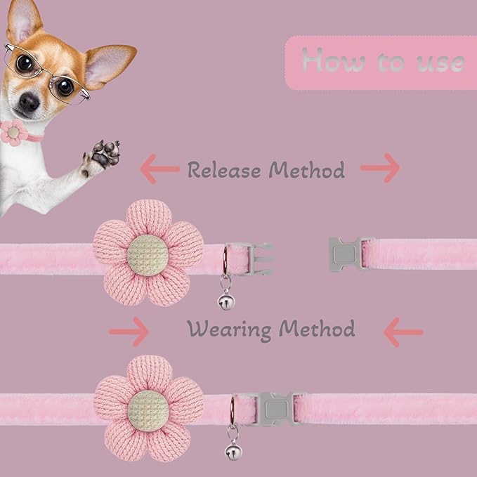 Small Dog Collar with Flower, Puppy Collars for Litter, XS Dog Collars for Small Dogs with Bell for Girl Boy Little Dog (Pink)