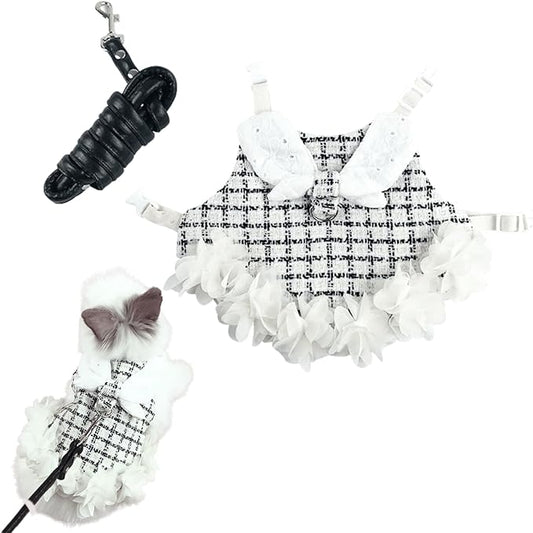 Bunny Rabbit Ferret Harness and Leash Set, Bunny Clothes for Rabbits, Small Animal Guinea Pig Dress Clothes for Kitten Ferret Chihuahua Puppy Mini Dog (Black with White,S)