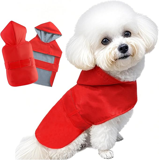 Dog Raincoat Small Dog Rain Jacket Poncho Waterproof Pet Rain Suit Double Layer Cotton Lining Hooded Leash Hole Adjustable Puppy Small Dogs Cats,Red,XS