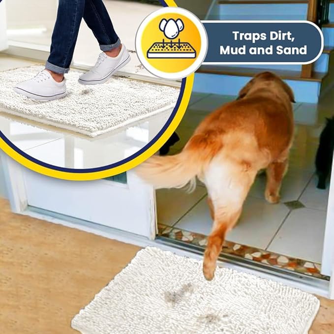 Muddy Mat® AS-SEEN-ON-TV Highly Absorbent Microfiber Door Mat and Pet Rug, Non Slip Thick Washable Area and Bath Mat Soft Chenille for Kitchen Bedroom Indoor and Outdoor - White 24" x 72"