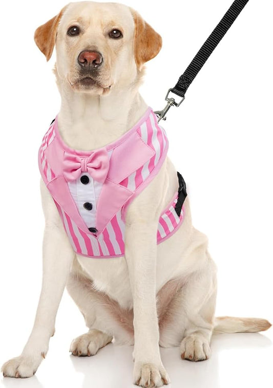 Kuoser Dog Tuxedo Harness, Adjustable Dog Harness No Pull for Small Medium Dogs, Dog Wedding Suit with Bow Tie Party Costume Pink L