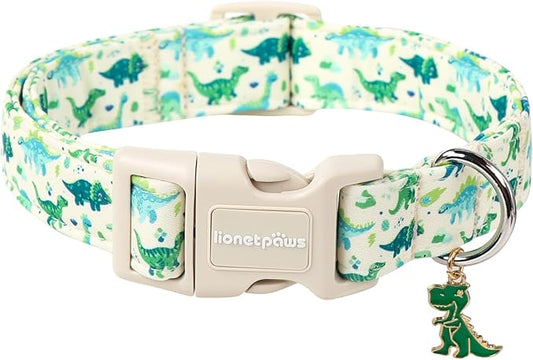 Lionet Paws Green and Blue Dinosaur Dog Collar- Cute Stegosaurus and Raptor Beige Dog Collars with Plastic Buckle, Light Adjustable Dog Collars for Medium Dogs