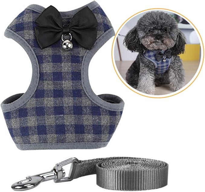 Dog Harness and Leash Set, Soft Mesh No Pull Dog Cat Harness Vest with Bowtie Bell for Small Dogs Puppy and Cats Outdoor Training and Running Classic Plaid Pattern (Medium(11.0"-18.1"), Blue Plaid)