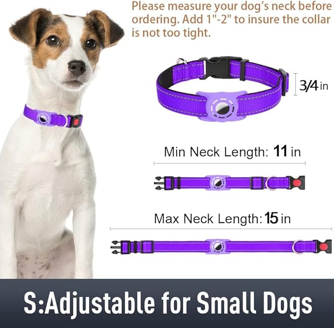 Airtag Dog Collar with AirTag Holder for Small Dogs, Reflective, Soft Padded & Safety Locking Buckle, Nylon Pet Collars Adjustable for All Breeds, Purple,S