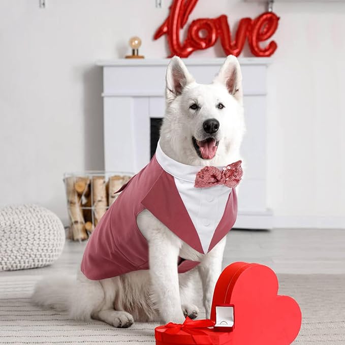 Kuoser Dog Tuxedo Dog Suit and Bandana Set, Dogs Tuxedo Wedding Party Suit, Doggy Prince Bow Tie Shirt Formal Pet Wedding Attire for Large Medium and Small Dogs Golden Retriever Samo Bulldogs