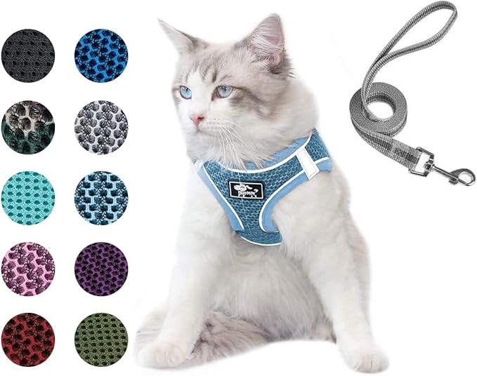 Dog and Cat Universal Harness with Leash - Cat Harness Escape Proof - Adjustable Reflective Step in Dog Harness for Small Dogs Medium Dogs - Soft Mesh Comfort Fit No Pull No Choke Light Blue L