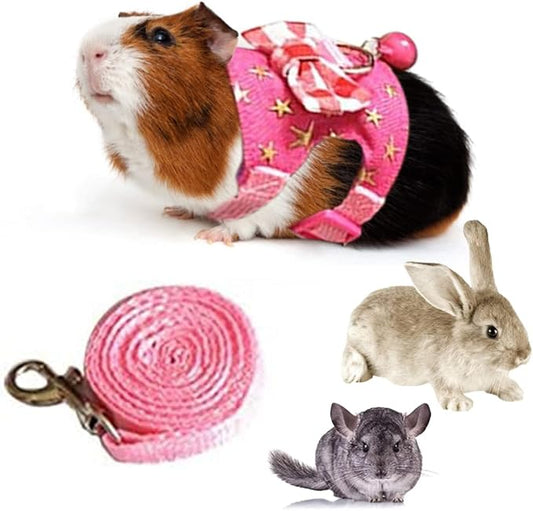 Small Animal Collar Leash Harness with Cute Bows and Bells Comfortable Durable Adjustable Suitable for Rabbit Guinea Pig Chinchilla Ferret Kitten Hamster Squirrel (Medium,Pink Star)