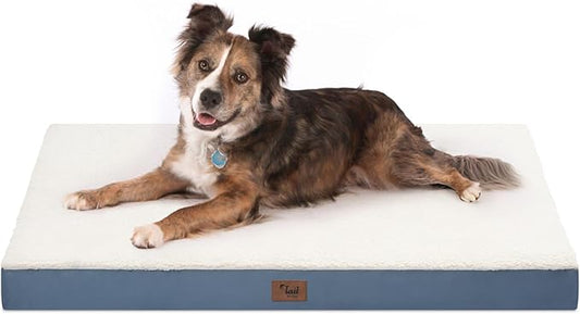 Orthopedic Dog Bed for Large Dogs - Pet Bed with Removable Washable Cover, Large Waterproof Dog Crate Bed for with Egg Crate Foam, Blue White