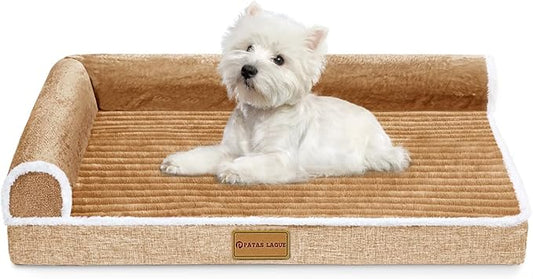 Patas Lague Orthopedic Dog Bed for Medium Dogs 30''X20'', Waterproof Comfortable L Shaped Medium Non-Slip Soft Warm Pet Sofa Sleep Bed mat with Removable Washable Cover, Brown