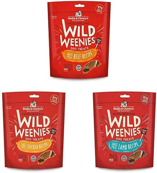 Stella & Chewy's Freeze-Dried Raw Wild Weenies Dog Treats (Bundle of 3, 3.25 oz. Bags) - Beef, Chicken, Lamb
