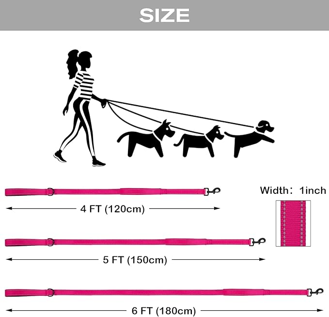 Joytale Dog Leash Heavy Duty for Large Dogs That Pull, Double Handle for Traffic Control, Double-Sided Reflective Leashes for Large Medium Dogs Night Safety, 6FT, Hot Pink