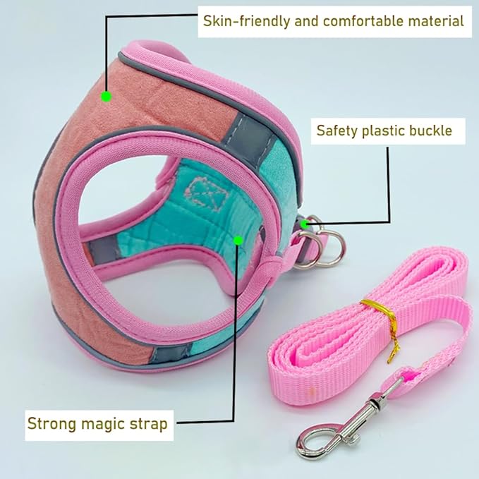 Bunny Harness and Leash Set - Reflective Strip Kitten Vest Harness, Escape Proof Rabbit Leash Walking Pet Accessories for Cat, Dog, Guinea Pig and Small Animals (Pink, XXS)