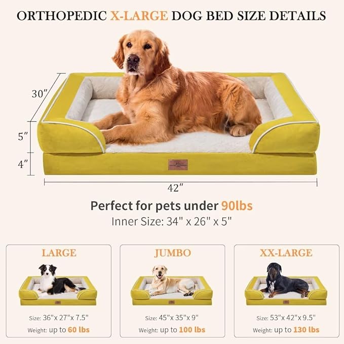 Comfort Expression Orthopedic XL Dog Beds, Waterproof Extra Large Dog Bed with Bolster, Washable Dogs Bed Sofa with Removable Cover & Non-Slip Bottom(X-Large,Spicy Mustard)