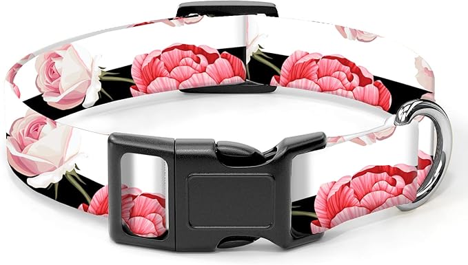 Dog Collar, Cute Dog Collar for Small Medium Large Dogs, Personalized Adjustable Soft Pet Collars with Quick Release Buckle for Walking Running, Black White Red Flowers