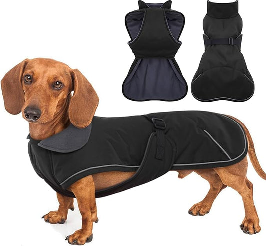 Dog Coat - Perfect for Dachshunds, Black, Large - Waterproof Winter Coat with Fleece Lining, Built-in Harness, Adjustable Closure