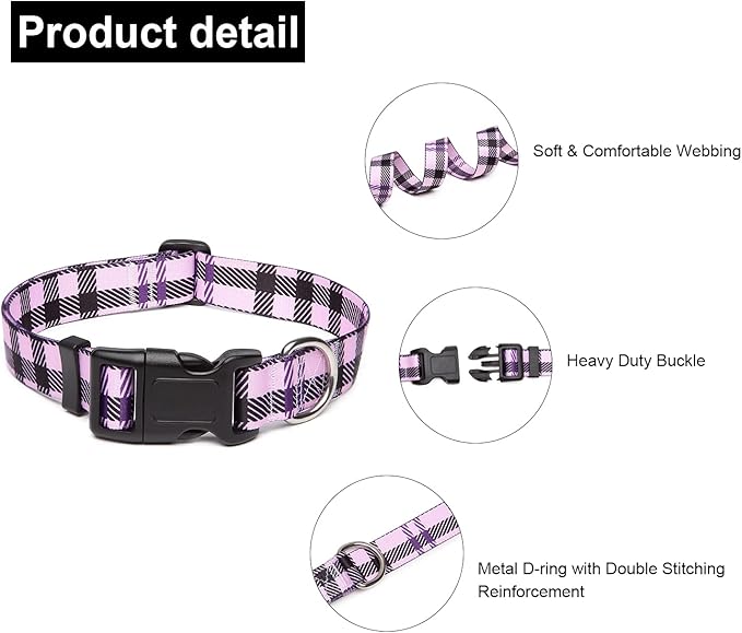 Adjustable Dog Collar with Patterns, Ultra Comfy Soft Nylon Breathable Pet Collar for Small Medium Large Dogs (L, Purple Plaid)
