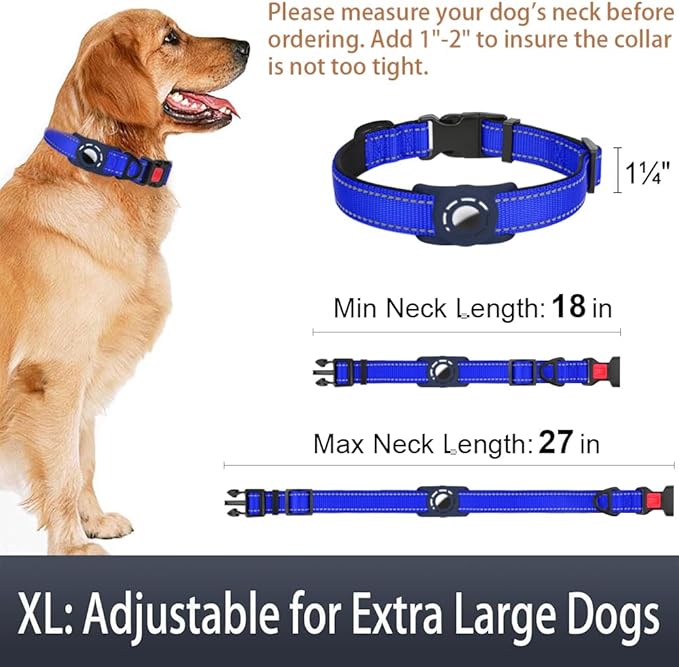 Airtag Dog Collar with AirTag Holder for Large Dogs, Reflective, Soft Padded & Safety Locking Buckle, Nylon Pet Collars Adjustable for All Breeds, NavyBlue,XL
