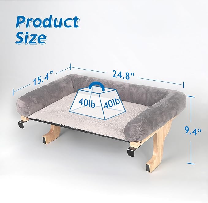 Cat Perch for Window Sill with Bolster - Orthopedic Hammock Design with Premium Hardwood & Robust Metal Frame - Cat Window Seat for Large Cats and Kittens - Natural Color Wood with Gray Bed