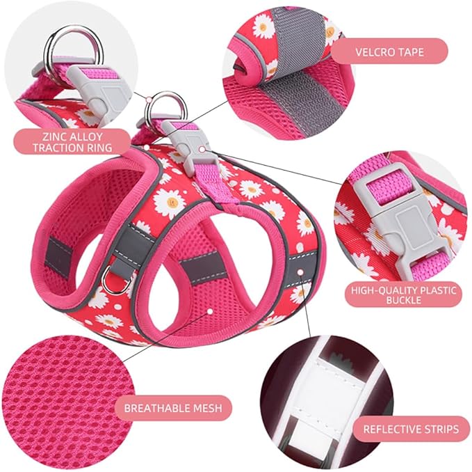 Step in Dog Harness and Leash Set, Flower Adjustable Easy Walk Puppy Harnesses, Soft Mesh Pet Vest Harness Small Size Dog Adjustable No Pull Dog Harness for Small Medium Dogs(Rose red, XS)