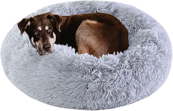 Dog Calming Beds for Small Medium Dogs - Round Donut Washable Dog Bed, Anti-Slip Faux Fur Fluffy Donut Cuddler Anxiety Cat Bed(Light Grey 28")