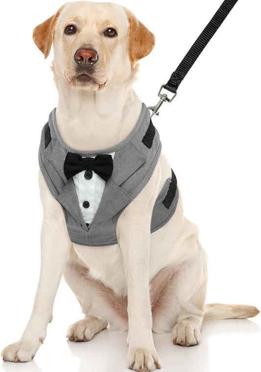 Kuoser Dog Tuxedo Harness, Adjustable No Pull for Small Medium Dogs, Wedding Suit with Bow Tie Party Costume, Gray XL