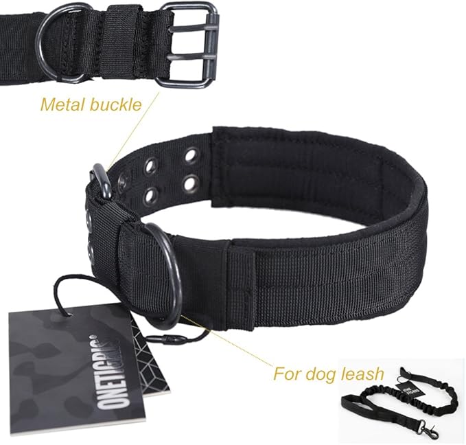 OneTigris Military Adjustable Dog Collar with Metal D Ring & Buckle 2 Sizes (Black, L)