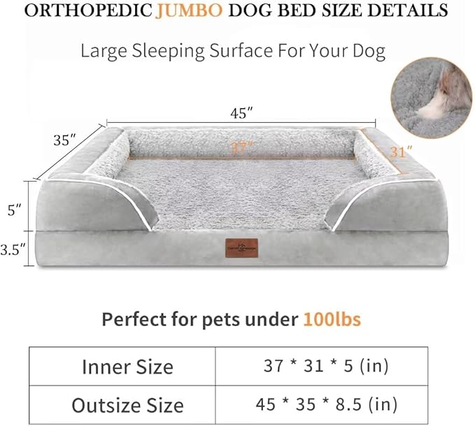 Comfort Expression Jumbo Dog Bed for Extra Large Dogs, Waterproof Orthopedic Large Breed Dog Beds, PV Washable Dogs Sofa Bed with Removable Cover & Non-Slip Bottom(Jumbo,Grey White)