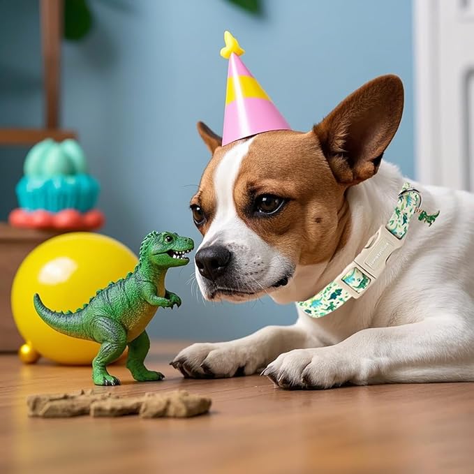 Lionet Paws Green and Blue Dinosaur Dog Collar- Cute Stegosaurus and Raptor Beige Dog Collars with Plastic Buckle,Light Adjustable Dog Collars for Medium Large Dogs