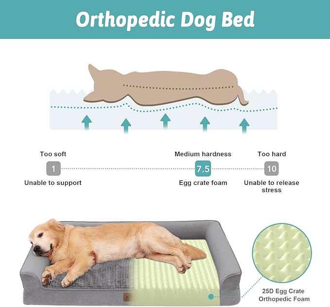 Orthopedic Dog Bed for Large Dog, Pet Couch for Medium Dog Cat, Big Supportive Foam Bolster Sofa with Waterproof Lining Cover, Anti-Slip, Comfort, Washable, 36x27x7.5 in, U Shape, Grey