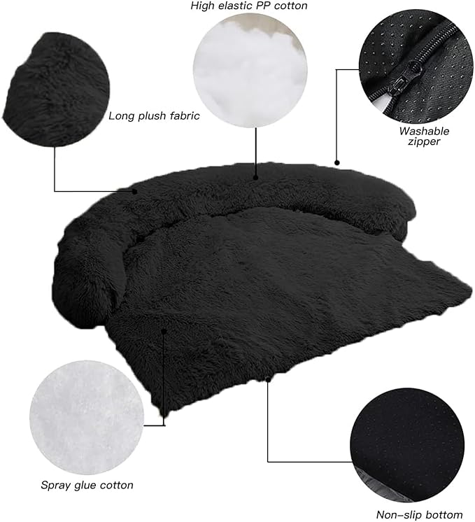 Calming Dog Bed Fluffy Plush Dog Mat for Furniture Protector with Removable Washable Cover for Large Medium Small Dogs and Cats (Large, Black)