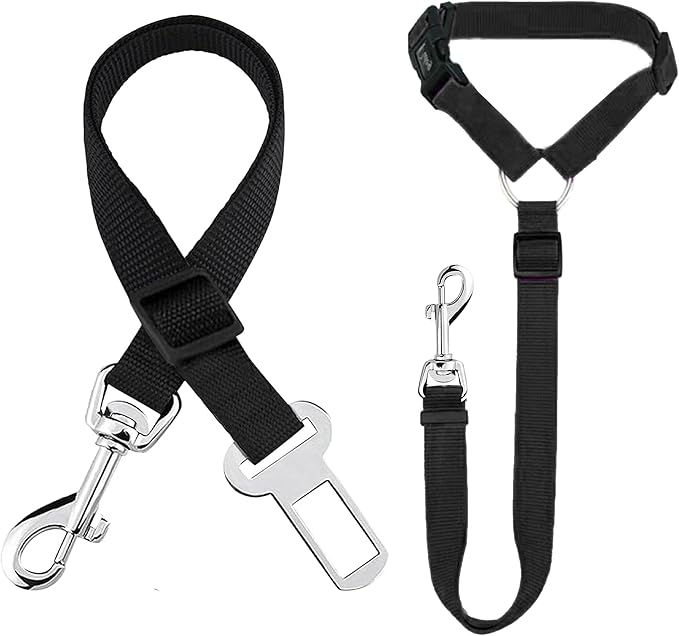 SunGrow Dog Seatbelt & Leash, Universal Vehicle Seatbelt Harness for Car Headrest, Pet Travel Essential, Adjustable Lead, Black Nylon, 19”-31” & 14-19” x 17-30”, 2 Pcs. Per Pack