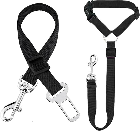 SunGrow Dog Seatbelt & Leash, Universal Vehicle Seatbelt Harness for Car Headrest, Pet Travel Essential, Adjustable Lead, Black Nylon, 19”-31” & 14-19” x 17-30”, 2 Pcs. Per Pack