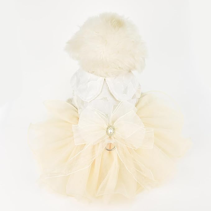 FLAdorepet White Dog Tutu Dress Skirt with Leash Ring,Dog Clothes for Small Dogs Girl,Formal Pet Wedding Attire Dresses, Cat Bridal Outfit Costume (White Bow, X-Small)